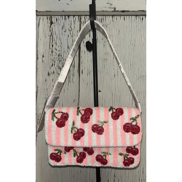 Handcrafted in India Viral Beaded Cherries Cherry Pink Striped Shoulder Bag - Picture 4 of 11